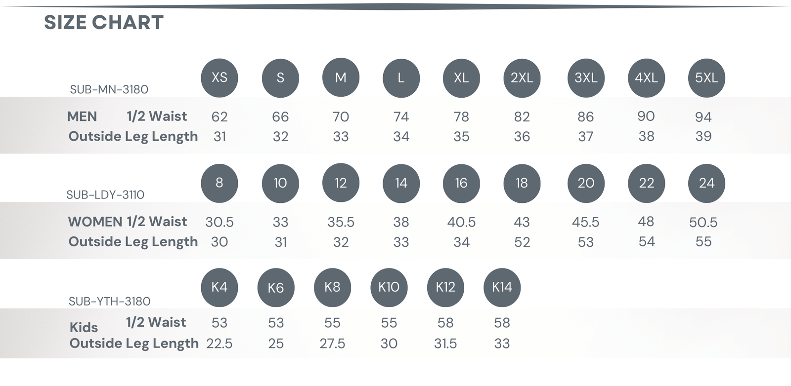 Sublimated AFL Short size chart