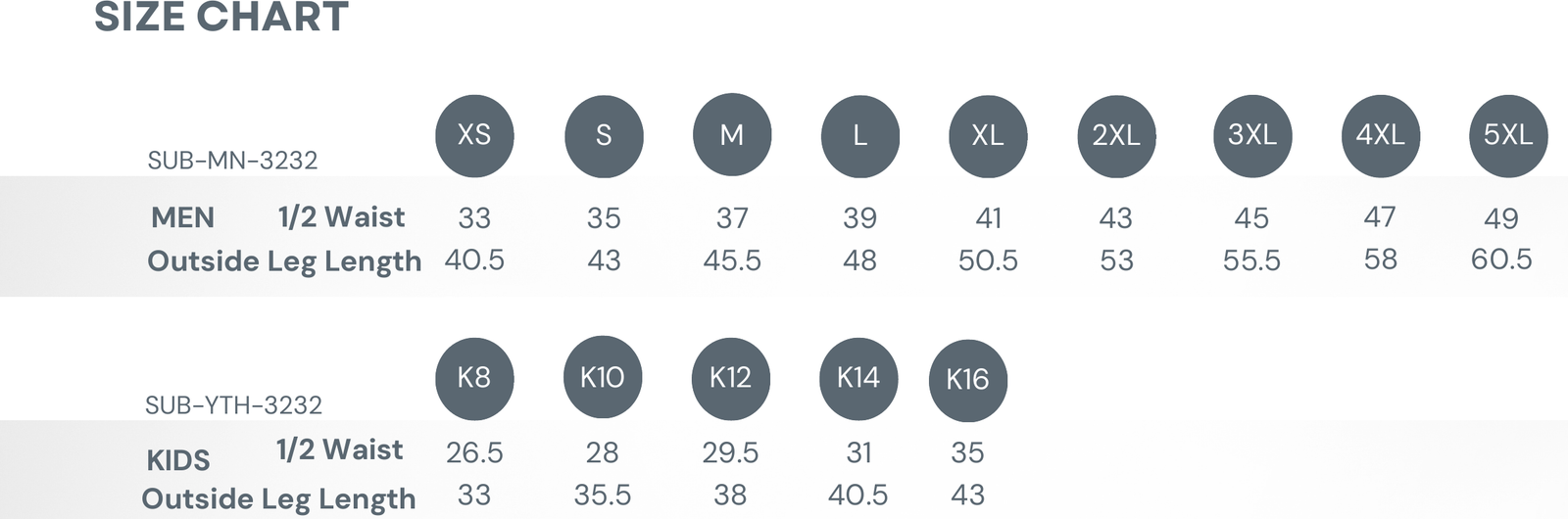 Sublimated Premier Basketball Shorts size chart