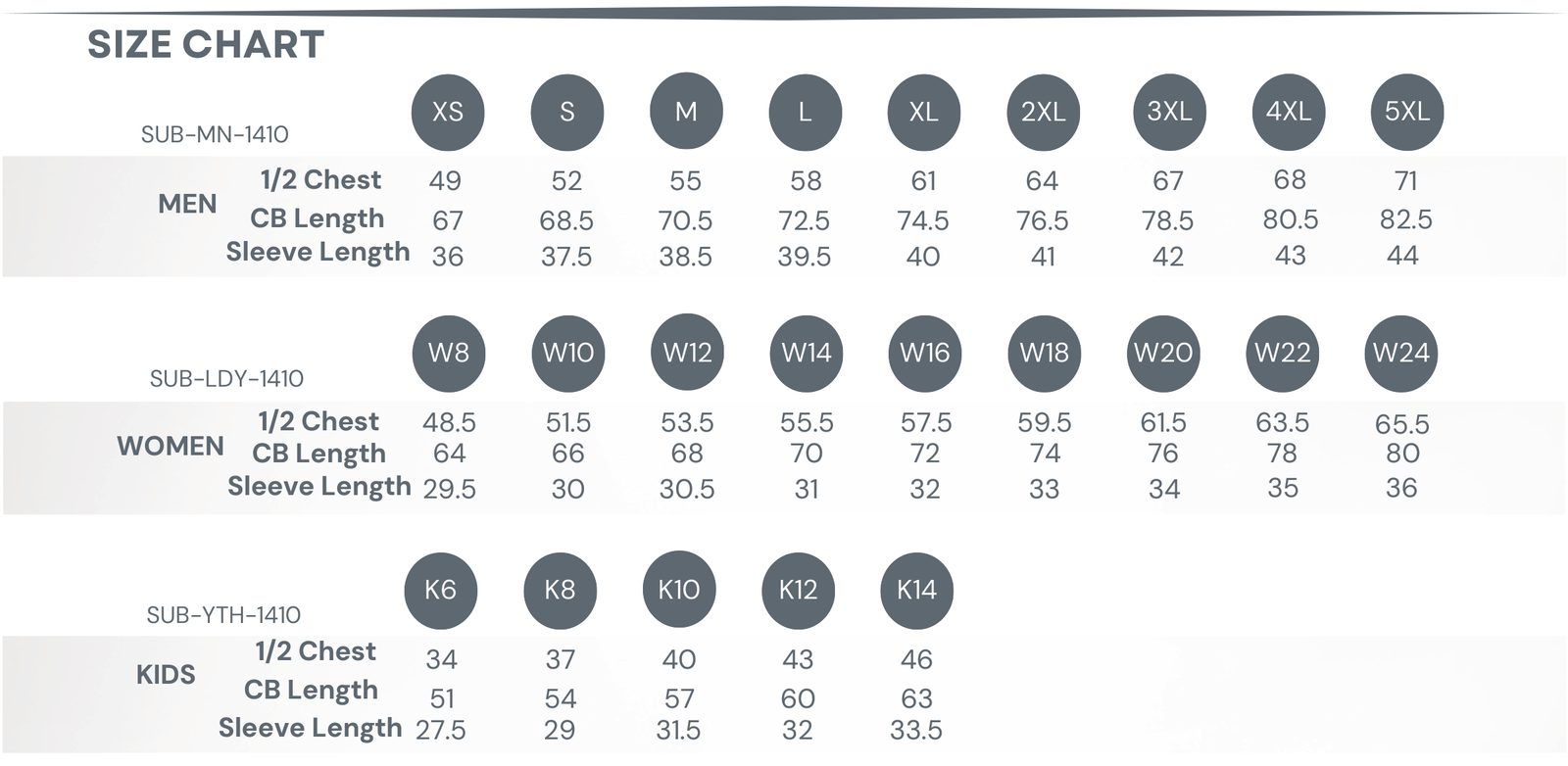 Sublimated Cricket / Bowls Polo size chart