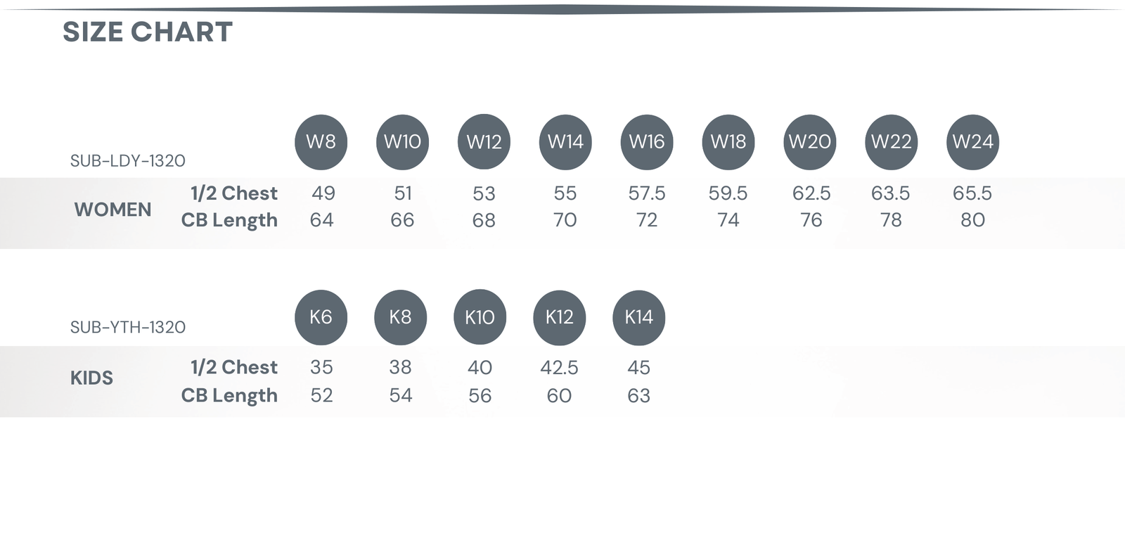 Sublimated Netball / Hockey Top size chart