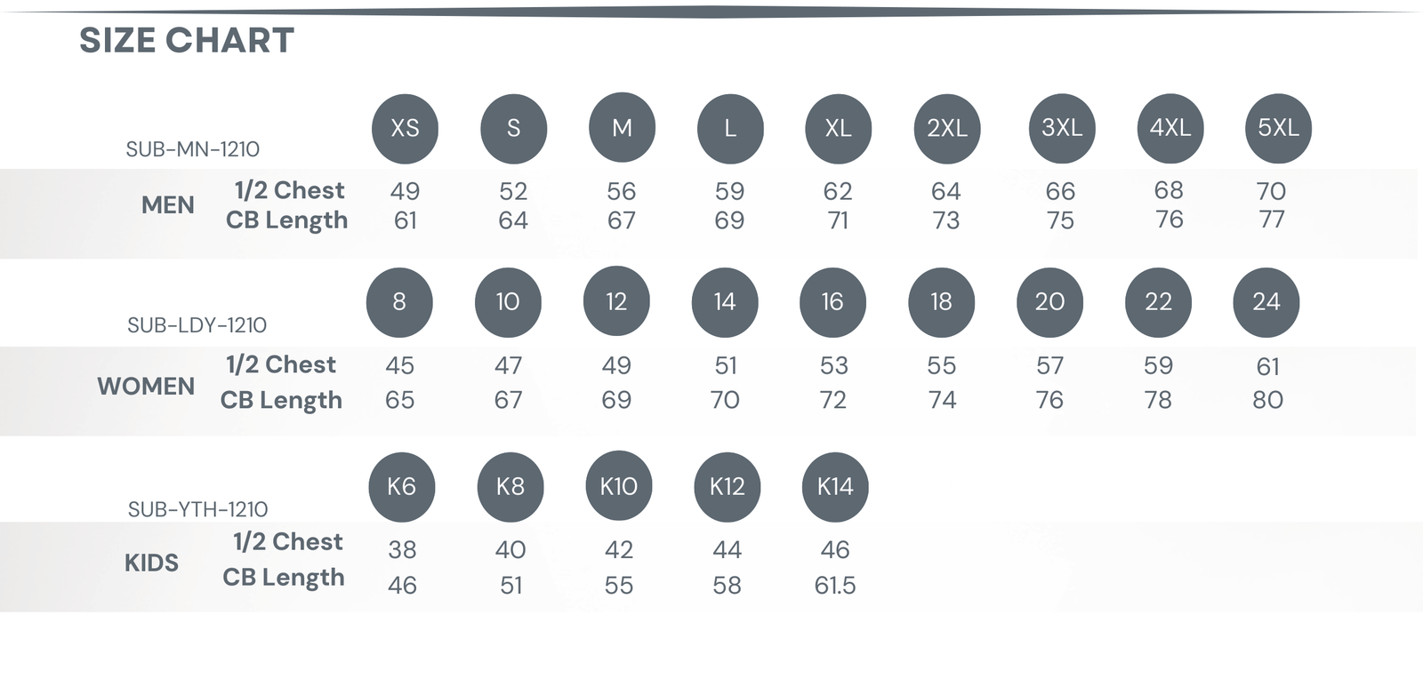 Sublimated Singlet — Standard size chart