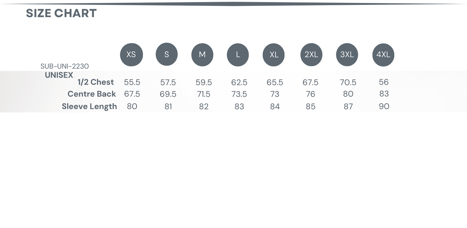 Sublimated Smock Jacket size chart