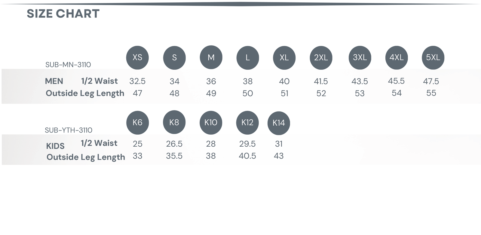 Sublimated Board Shorts size chart