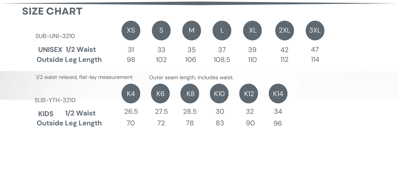 Sublimated Track Pants size chart
