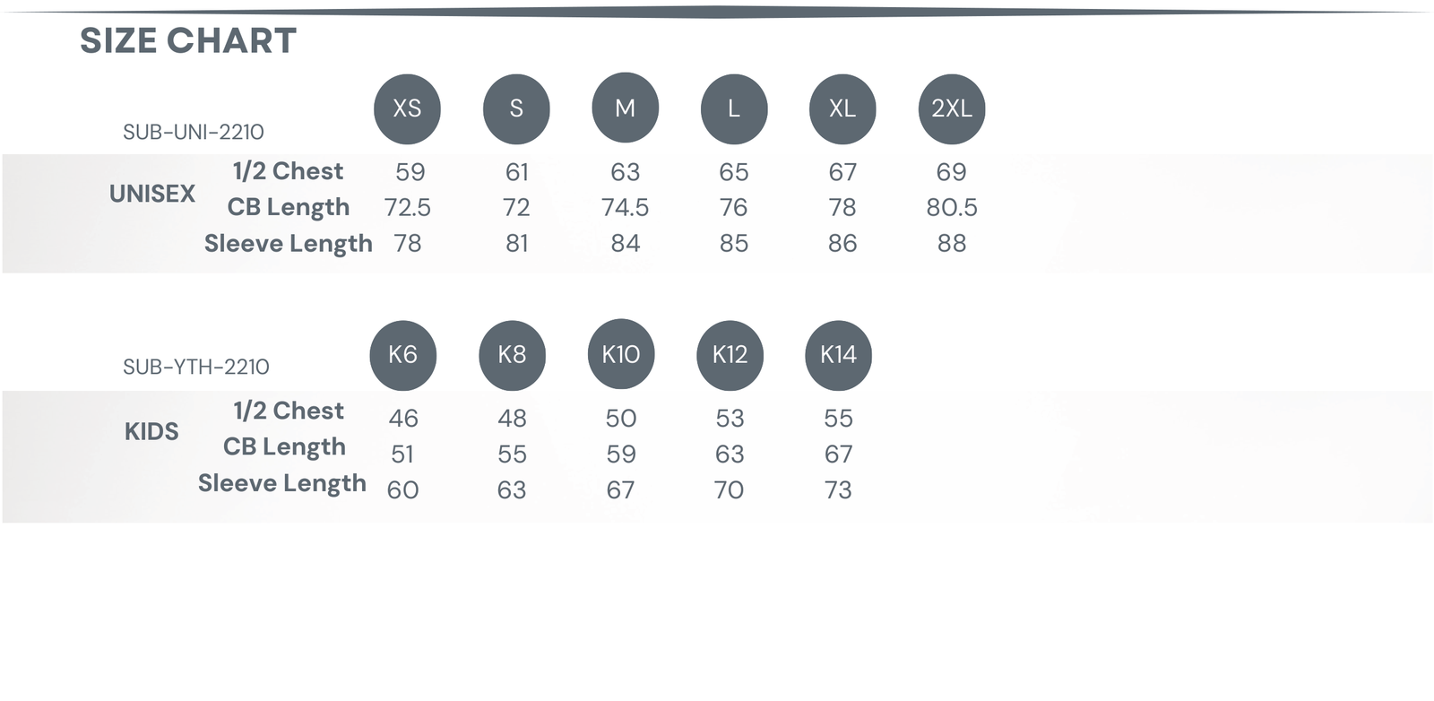 Sublimated Tracksuit Jacket size chart