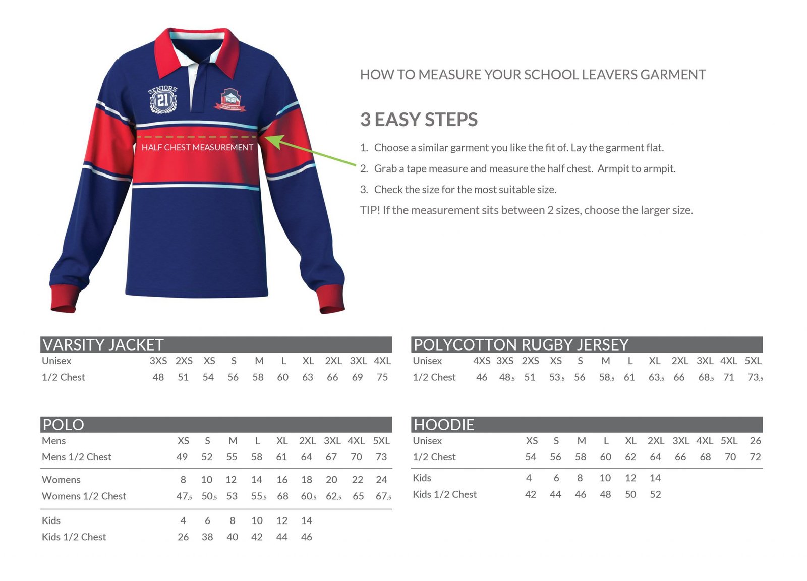 Leavers garment sizing chart